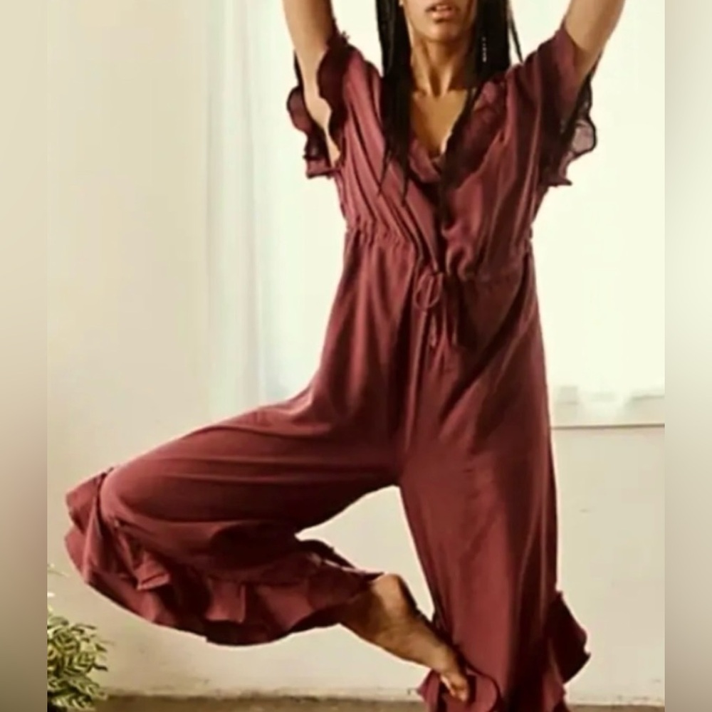 FREE People FP Movement Shelter Ruffle Jumpsuit Wine Bordeaux M